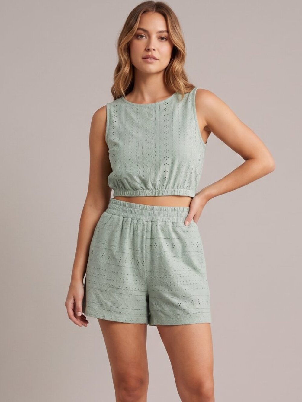 NWOT | Sage Mint Green Geometric Eyelet 2-Piece Crop Tank & Short Set | Small